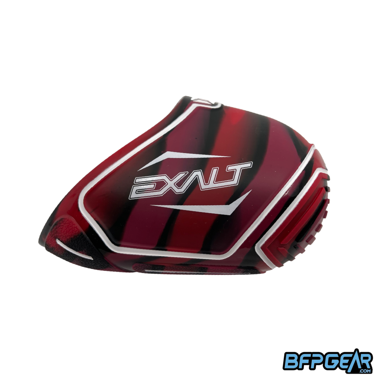 The Exalt Tank cover for 48ci air tanks in the red swirl color way.