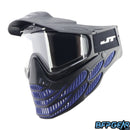 The Flex 8 in black and blue. The goggle is all black except for the ventilation ducts, which are blue. Has a basic black strap and clear lens installed.