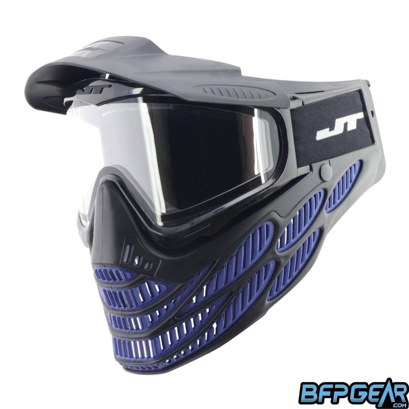 The Flex 8 in black and blue. The goggle is all black except for the ventilation ducts, which are blue. Has a basic black strap and clear lens installed.