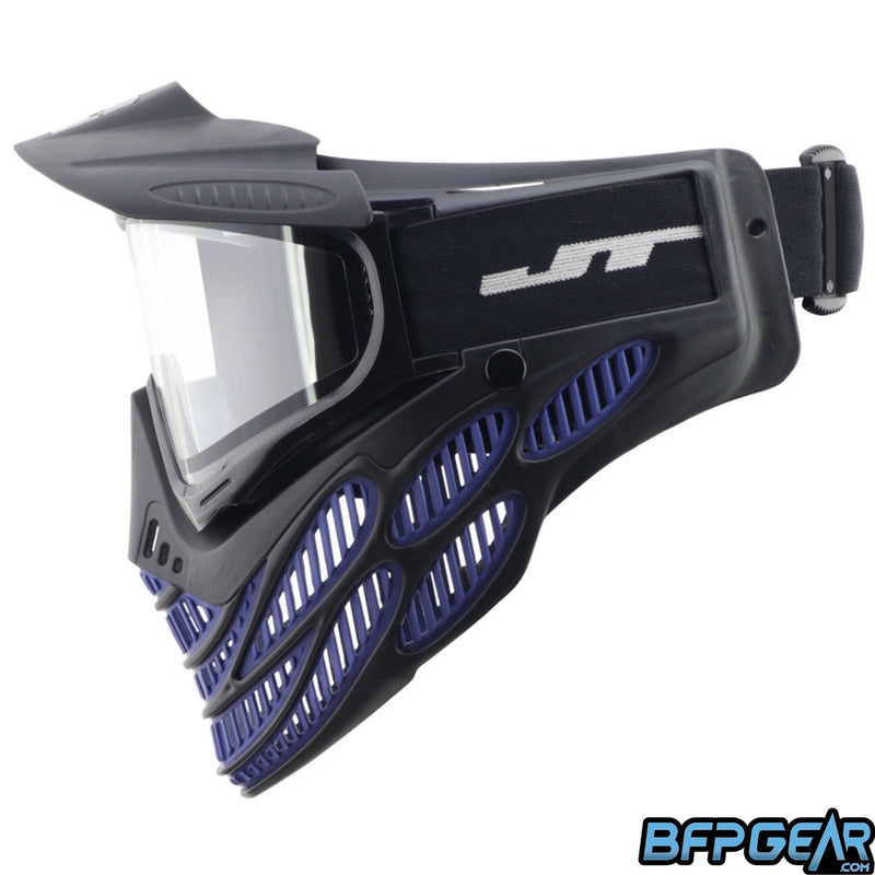 Side view facing to the left of the Black and blue Flex 8. 