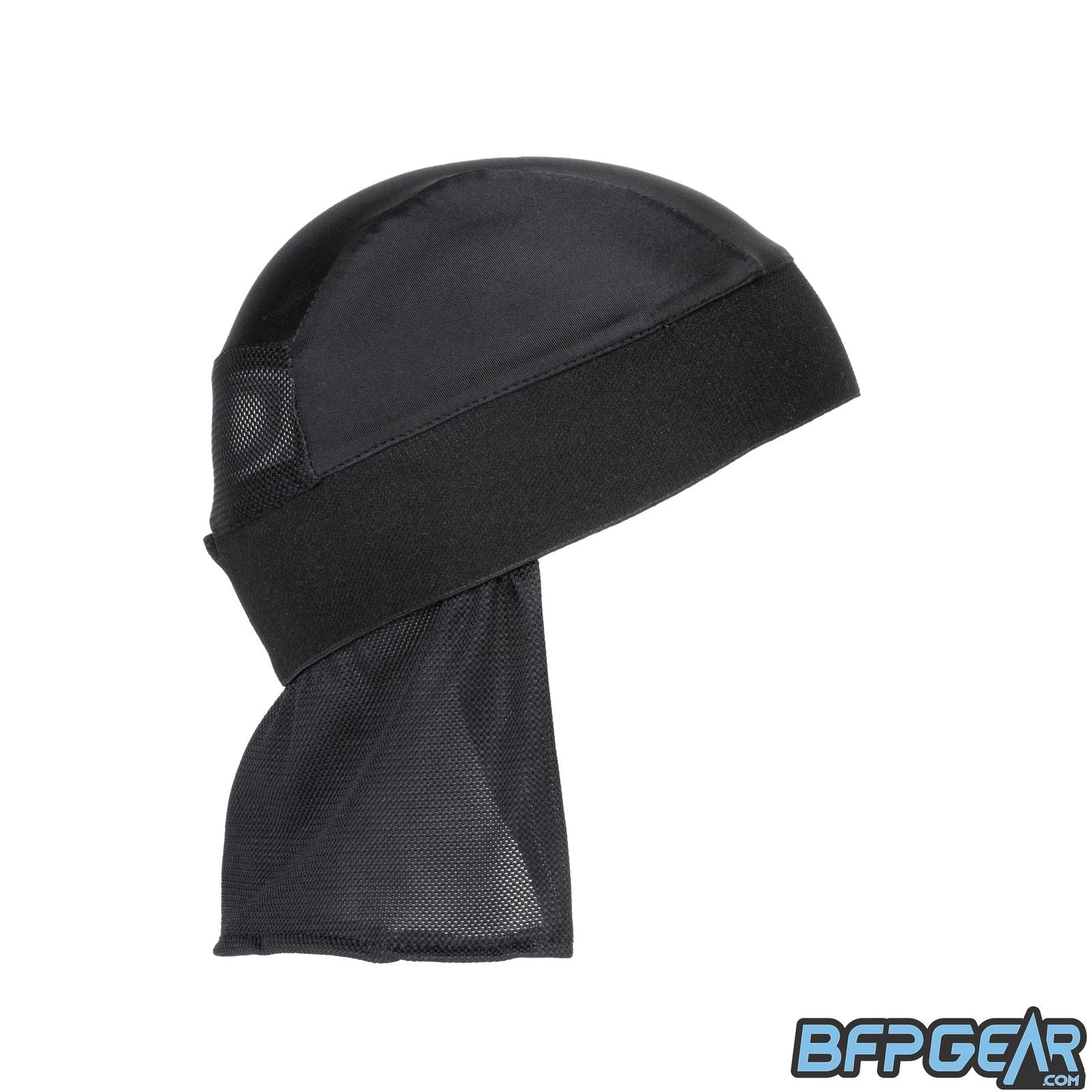 Side view of the Skull Cap in black. Mesh lining drapes down the back of the neck to help keep you warm in the cold weather, or to block the sun during hot weather. Elastic band to keep the skull cap secured on you for minimal to zero movement. The elastic band is all black.