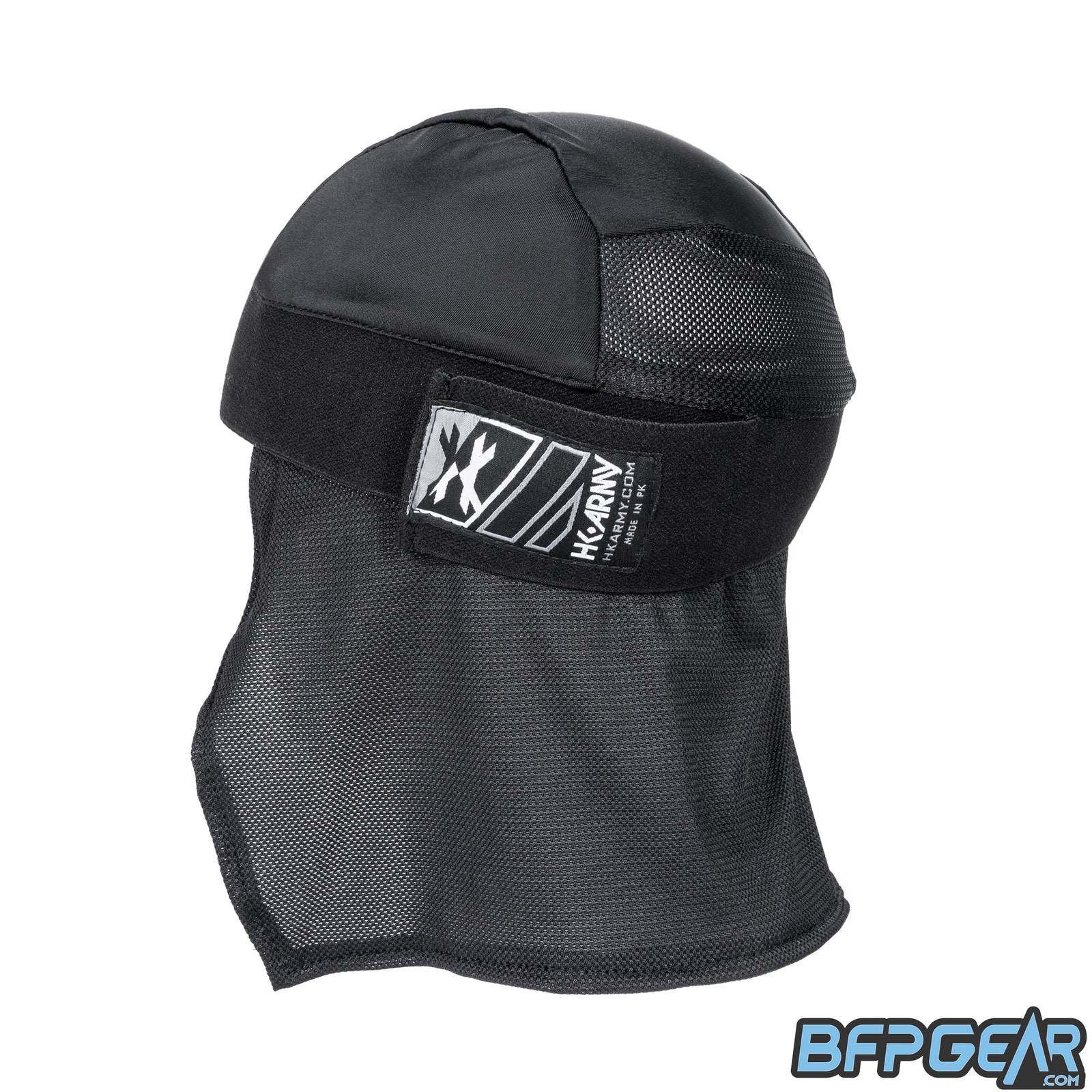 An angled view of the back of the skull cap in black. The elastic band secures firmly with velcro, and shows off an HK Army tag on the back. The mesh lining goes from the apex of the back of your head down over your neck for the best ventilation.