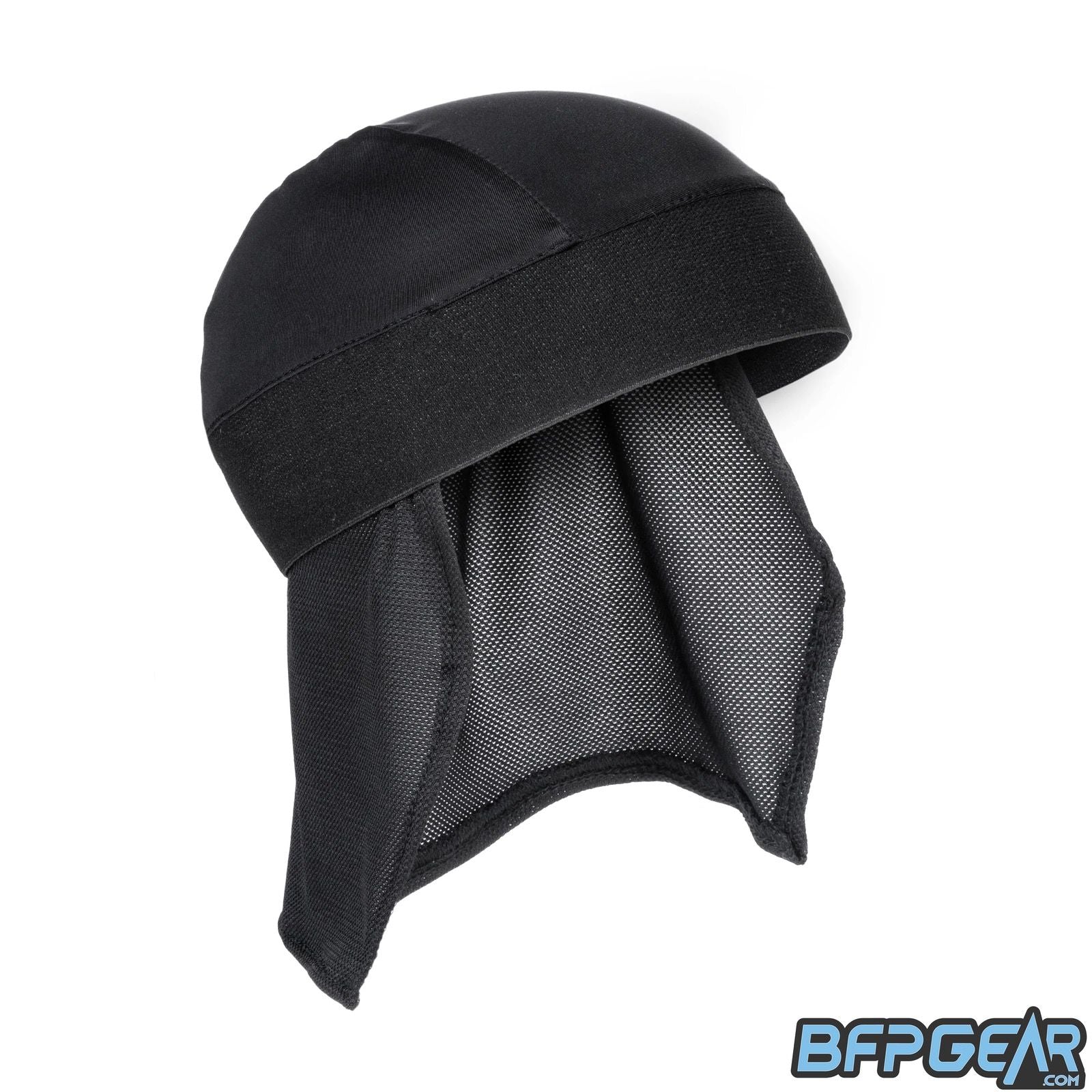 An angled front facing shot of the skull cap in black. Shows the elastic band and the mesh lining well. The top of the skull cap is a flexible material to help keep your head warm, or to keep it cool.