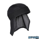 An angled front facing shot of the skull cap in black. Shows the elastic band and the mesh lining well. The top of the skull cap is a flexible material to help keep your head warm, or to keep it cool.