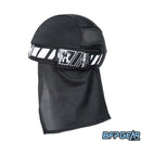 An angled view of the back of the skull cap in black and white. The elastic band secures firmly with velcro, and shows off an HK Army tag on the back. The mesh lining goes from the apex of the back of your head down over your neck for the best ventilation. The retro pattern goes all around the elastic band.
