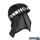 An angled front facing shot of the skull cap in black and white. Shows the elastic band and the mesh lining well. The top of the skull cap is a flexible material to help keep your head warm, or to keep it cool.