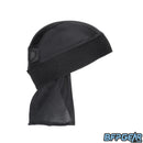 Side view of the Skull Cap in black. Mesh lining drapes down the back of the neck to help keep you warm in the cold weather, or to block the sun during hot weather. Elastic band to keep the skull cap secured on you for minimal to zero movement. The elastic band is all black.