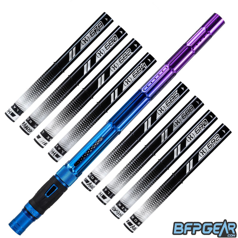 8 black inserts shown with the Fractal barrel. The barrel pattern is hexagonal, with the outlines embossed for a textured feel. Porting is linear and goes perfectly straight, and the barrel fades from blue to purple.