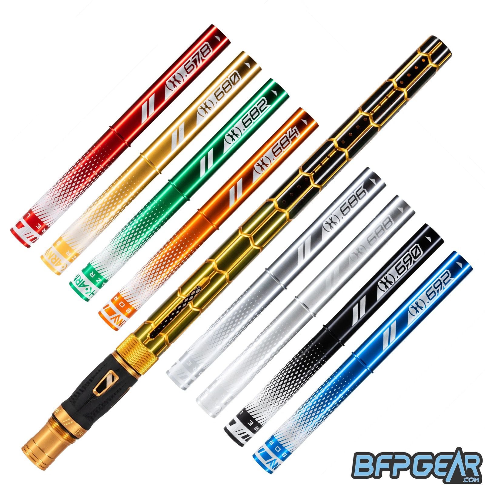 8 different color barrel inserts with the Nexus barrel. A hexagon pattern is etched throughout the barrel, giving it a high tech aesthetic. The inlay pattern is gloss gold, and the barrel fades from gloss gold to gloss black.