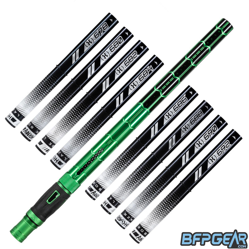 8 black barrel inserts with the Nexus barrel. A hexagon pattern is etched throughout the barrel, giving it a high tech aesthetic. The inlay pattern is gloss green, and the barrel fades from gloss green to gloss black.