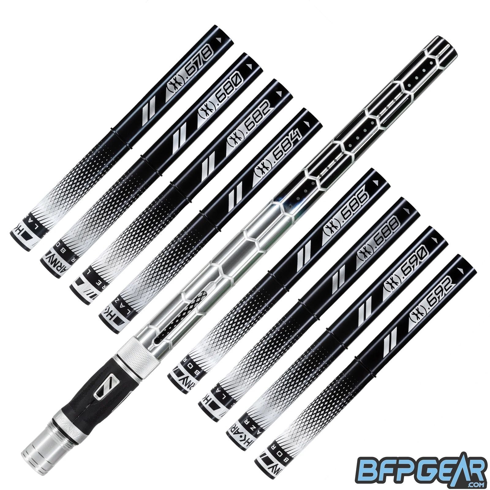 8 black barrel inserts with the Nexus barrel. A hexagon pattern is etched throughout the barrel, giving it a high tech aesthetic. The inlay pattern is gloss silver, and the barrel fades from gloss silver to gloss black.
