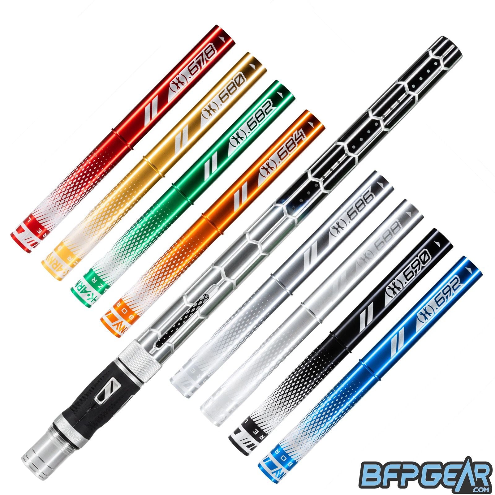 8 different color barrel inserts with the Nexus barrel. A hexagon pattern is etched throughout the barrel, giving it a high tech aesthetic. The inlay pattern is gloss silver, and the barrel fades from gloss silver to gloss black.