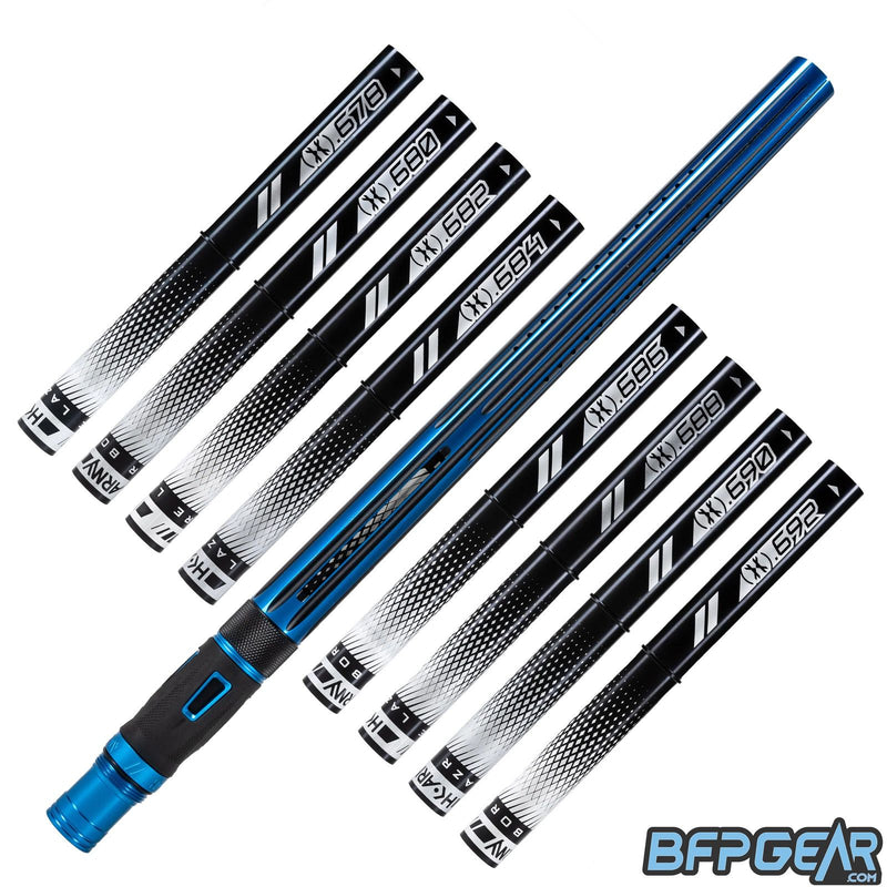 8 barrel inserts shown in black, as well as the Nova barrel. A straight, streamlined pattern with linear porting, the inlays are dust black, and the outside is gloss blue.