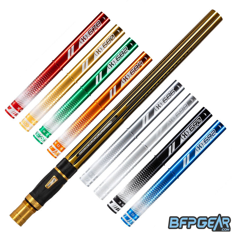 8 barrel inserts shown in different colors, as well as the Nova barrel. A straight, streamlined pattern with linear porting, the inlays are dust black, and the outside is gloss gold.
