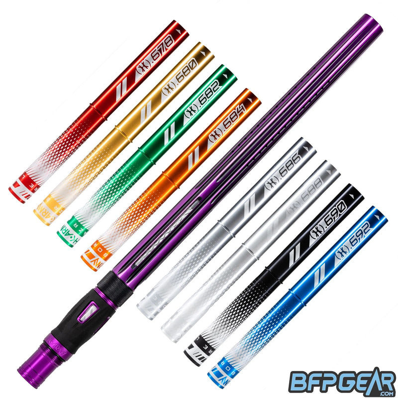 8 barrel inserts shown in different colors, as well as the Nova barrel. A straight, streamlined pattern with linear porting, the inlays are dust black, and the outside is gloss purple.