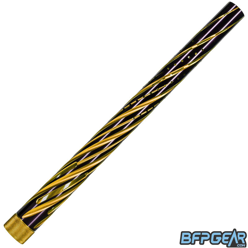 The HK Army Orbit barrel tip is shown with dust gold inlay and gloss black outside. The inlay spirals around from the back to the front, and has matching spiral porting.