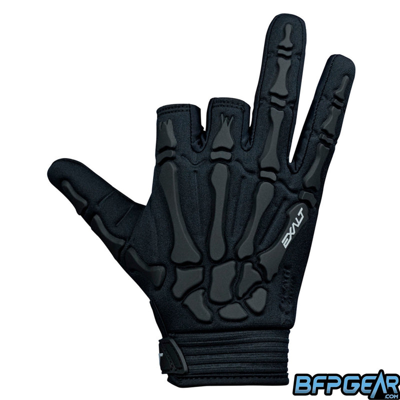 Exalt Half Finger Death Grip Gloves in Black. Two fingers are cut off to allow the player to feel their marker better. The pattern is of bones you'd find in your hand.