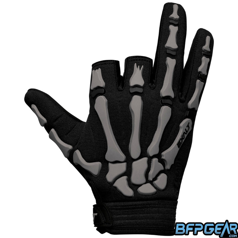 Exalt Half Finger Death Grip Gloves in Grey. Two fingers are cut off to allow the player to feel their marker better. The pattern is of bones you'd find in your hand.