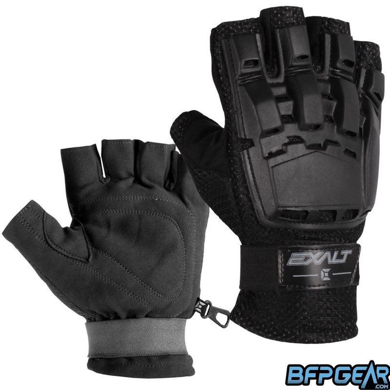 Exalt Half Finger Hard Shell Gloves in black. The top of the glove has a tough, flexible material to offer protection and freedom of movement.