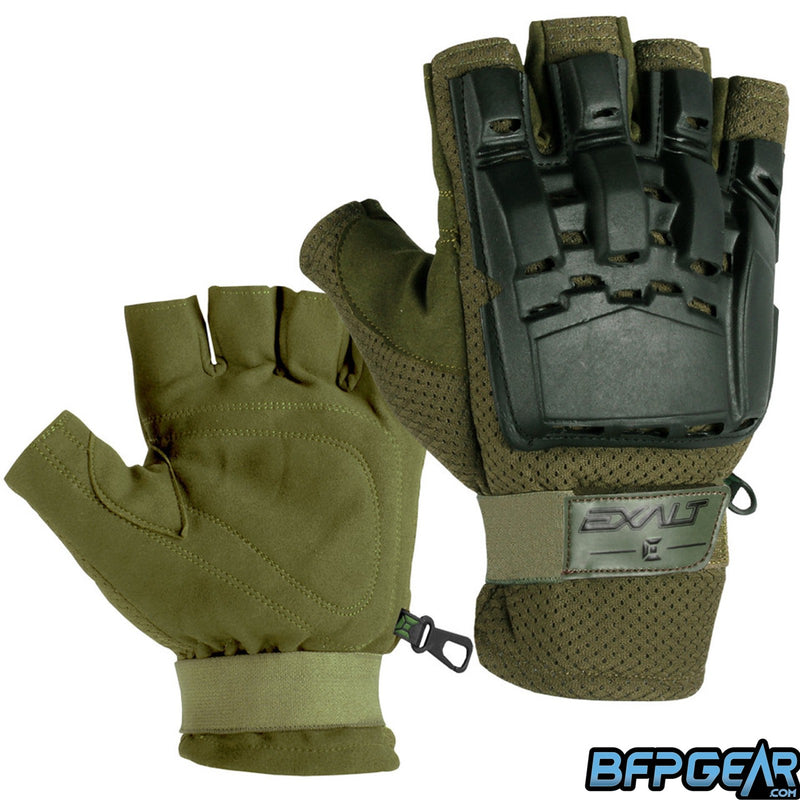 Exalt Half Finger Hard Shell Gloves in Olive. The top of the glove has a tough, flexible material to offer protection and freedom of movement.
