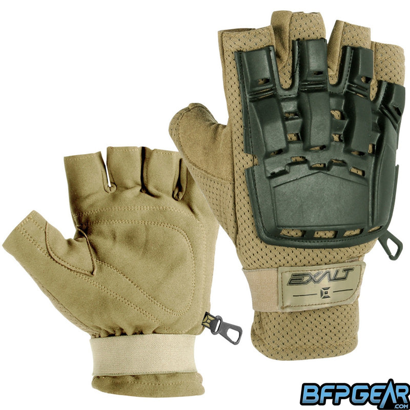 Exalt Half Finger Hard Shell Gloves in Tan. The top of the glove has a tough, flexible material to offer protection and freedom of movement.