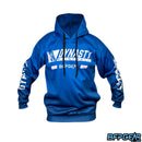 The JT Custom Pull Over Hoodie, Dynasty Dragon design. All blue with a sheen, has two black drawstrings for the hood, and has Dynasty Paintball on the front with the Dynasty Dragon logo on the front and right left sleeve. The right sleeve reads out Dynasty.