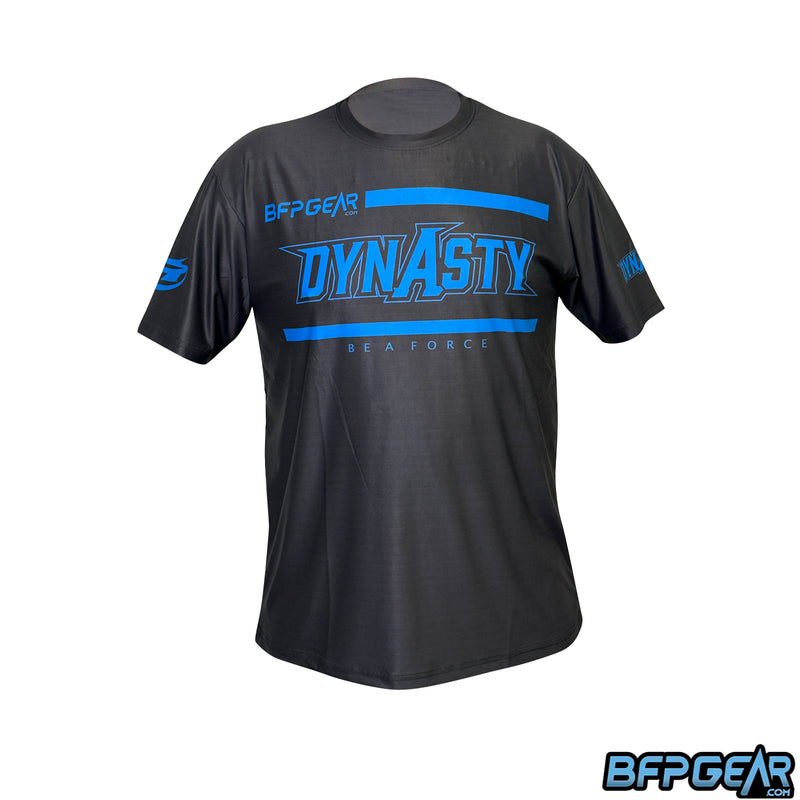 JT Stretchy Soft T-shirt Dynasty Be A Force design in black and blue. The front has San Diego Dynasty's logo, the BFPGear logo, and underneath it reads Be A Force. The right sleeve has they Dynasty logo and the left sleeve has the JT logo.