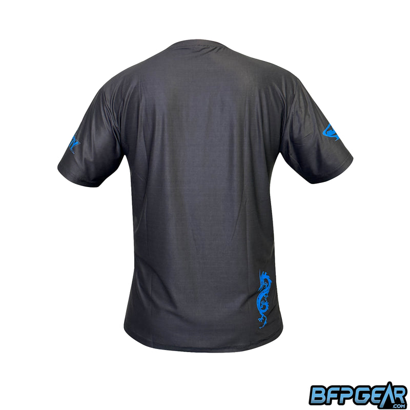 The back of the stretchy soft shirt. The shirt is all black and has the Dynasty dragon in blue towards the bottom right of the shirt.