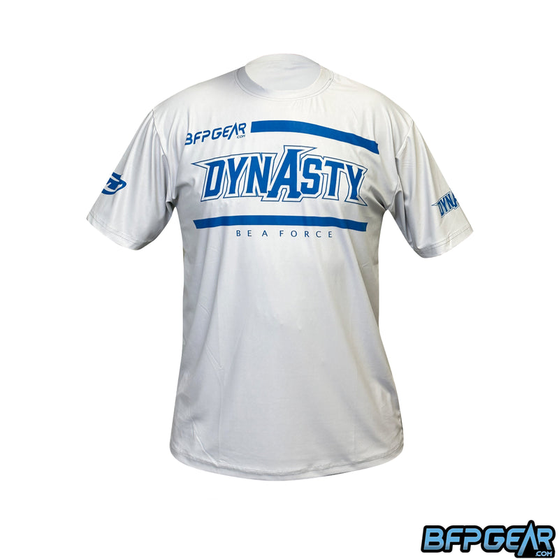 JT Stretchy Soft T-shirt Dynasty Be A Force design in light grey and blue. The front has San Diego Dynasty's logo, the BFPGear logo, and underneath it reads Be A Force. The right sleeve has they Dynasty logo and the left sleeve has the JT logo.