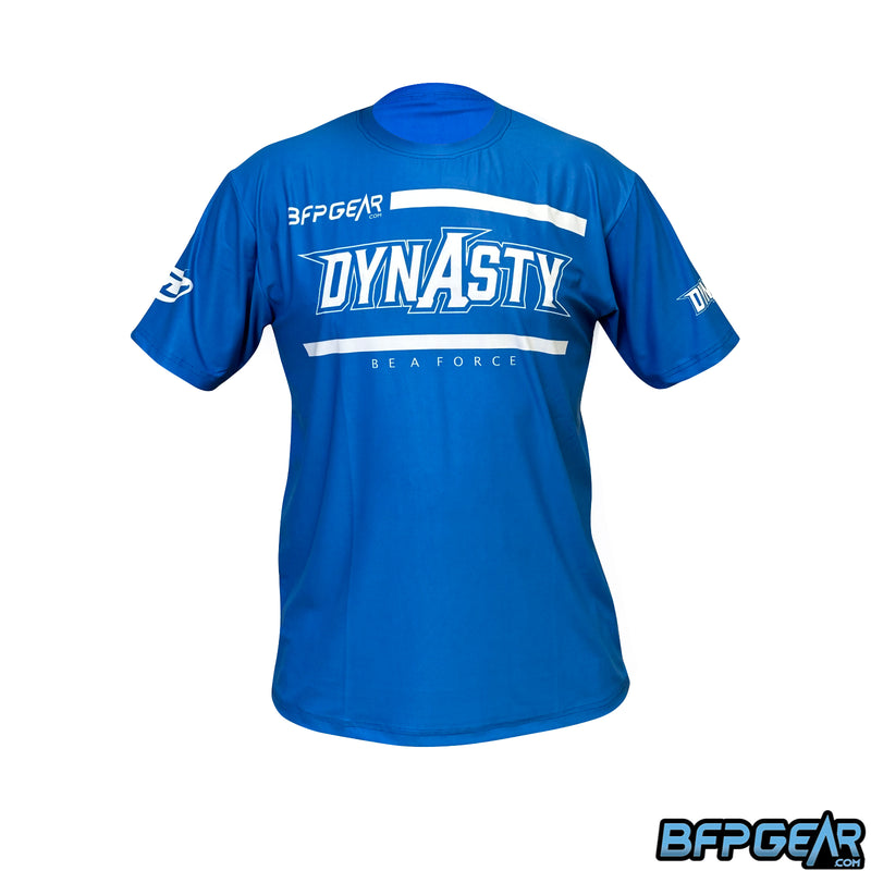 JT Stretchy Soft T-shirt Dynasty Be A Force design in blue and white. The front has San Diego Dynasty's logo, the BFPGear logo, and underneath it reads Be A Force. The right sleeve has they Dynasty logo and the left sleeve has the JT logo.
