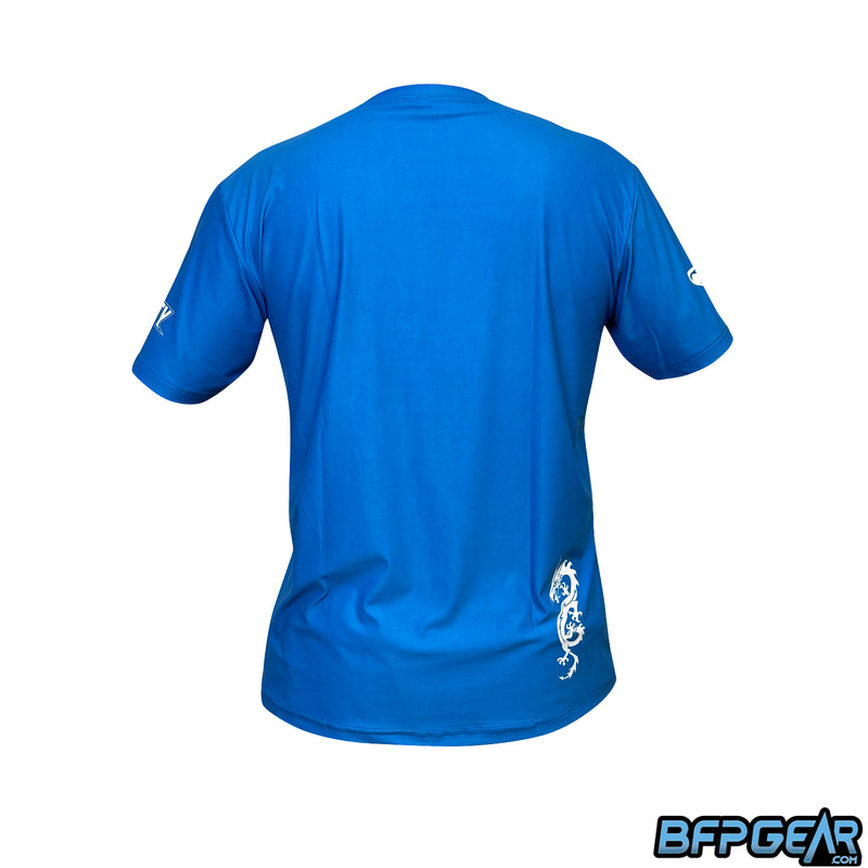 The back of the stretchy soft shirt. The shirt is all blue and has the Dynasty dragon in white towards the bottom right of the shirt.