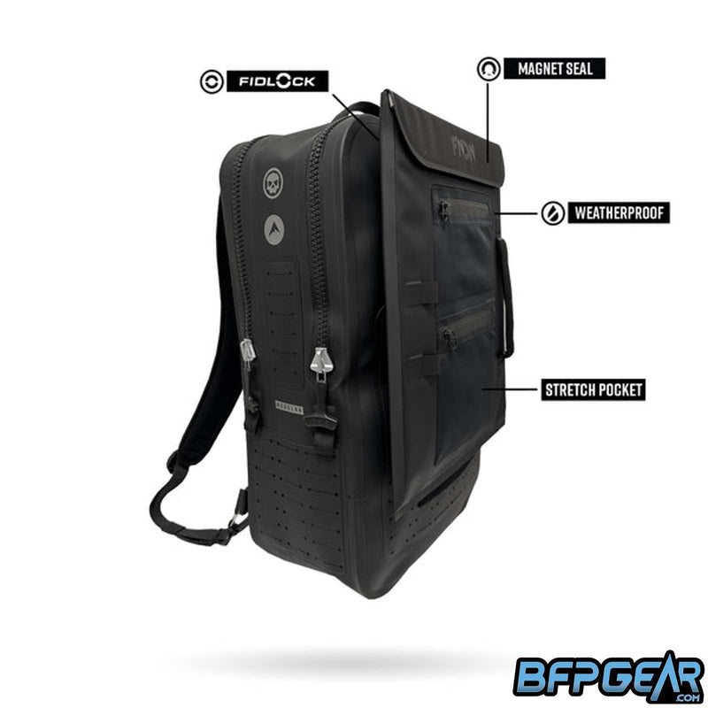 A picture of the Ghost laptop sleeve firmly secured to an FNDN gearbag. With the fidlock mechanism, the sleeve simply snaps on and stays on securely.