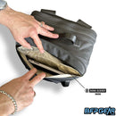 A photo of the Ghost laptop sleeve secured to an FNDN modular gearbag. The inside of the sleeve is open to show the signal blocking material.