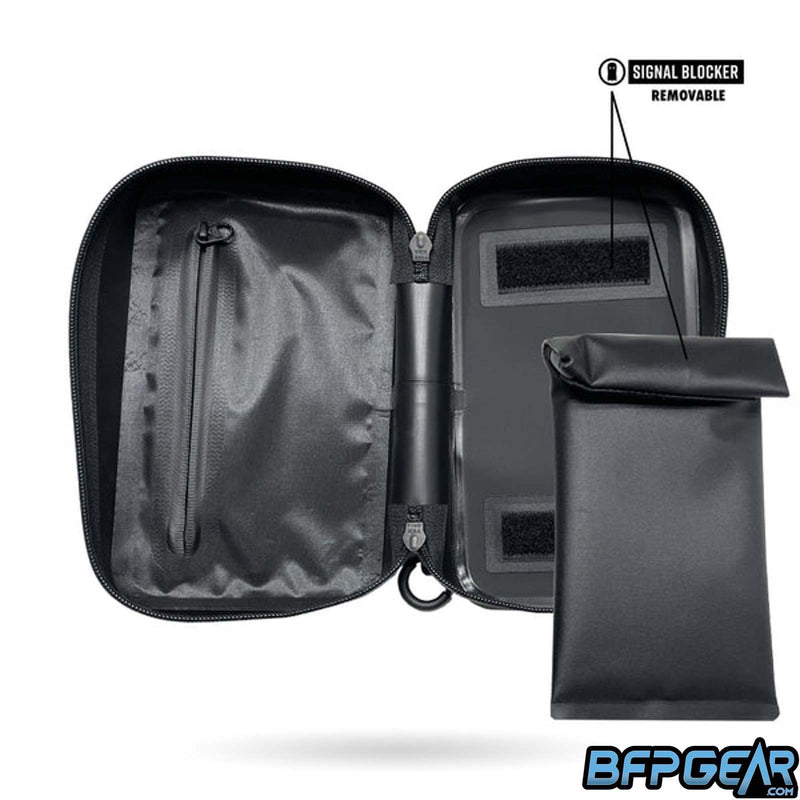 The inside of the MOD 1 Ghost pouch. The signal blocker pouch is easily removable and is secured by velcro when inside.