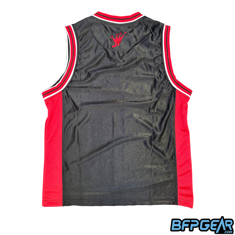 The backside of the red and black jersey. This image shows the red elastic trim for the arms and the back of the neck, and the red mesh sides.