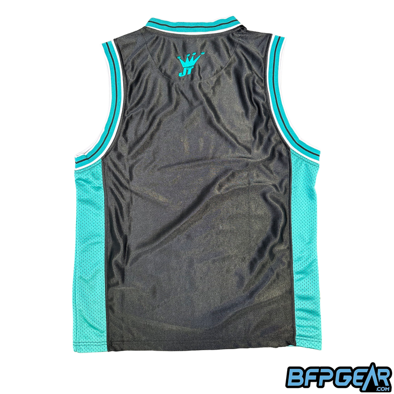 The backside of the teal and black jersey. This image shows the teal elastic trim for the arms and the back of the neck, and the teal mesh sides.