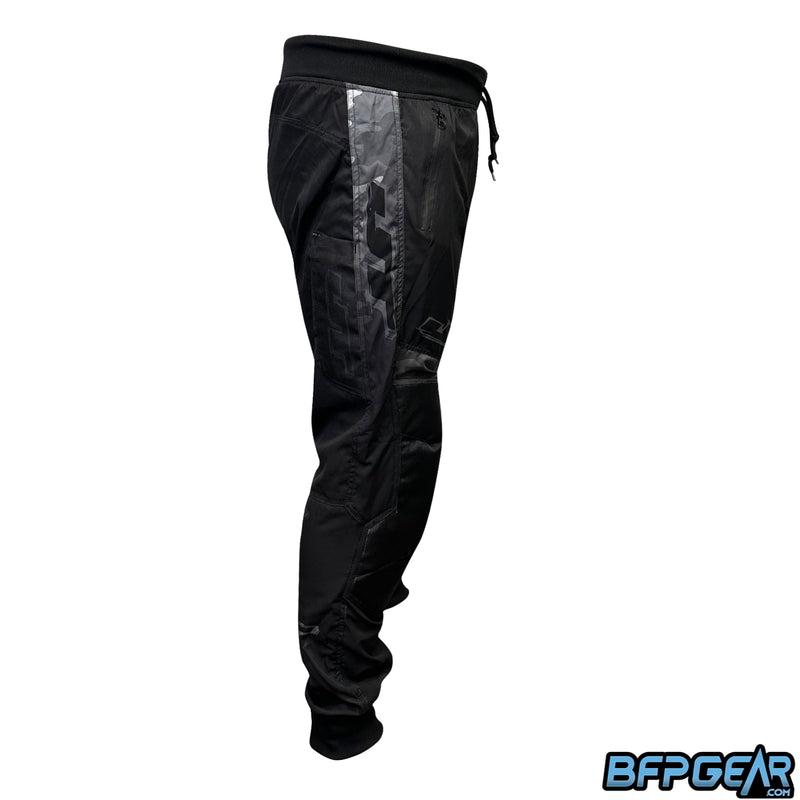This is a side view of the JT Pro Joggers. There is a stripe that goes down the middle of the joggers that shows the dark Camo pattern