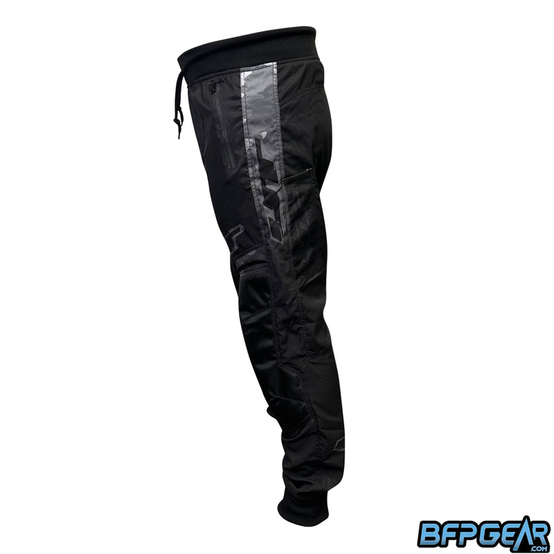 This is a side view of the JT Pro Joggers. There is a stripe that goes down the middle of the joggers that shows the dark Camo pattern