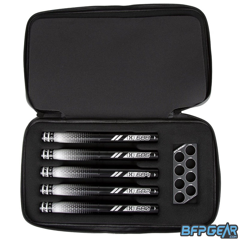 The bottom part of the LAZR kit case with black inserts. There is also a ball sizer included in this barrel kit.