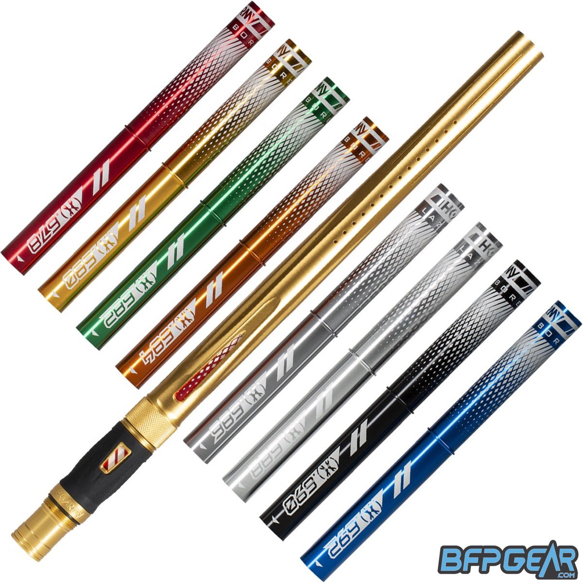 The HK Army LAZR barrel kit in dust gold with colored inserts. Autococker threaded.