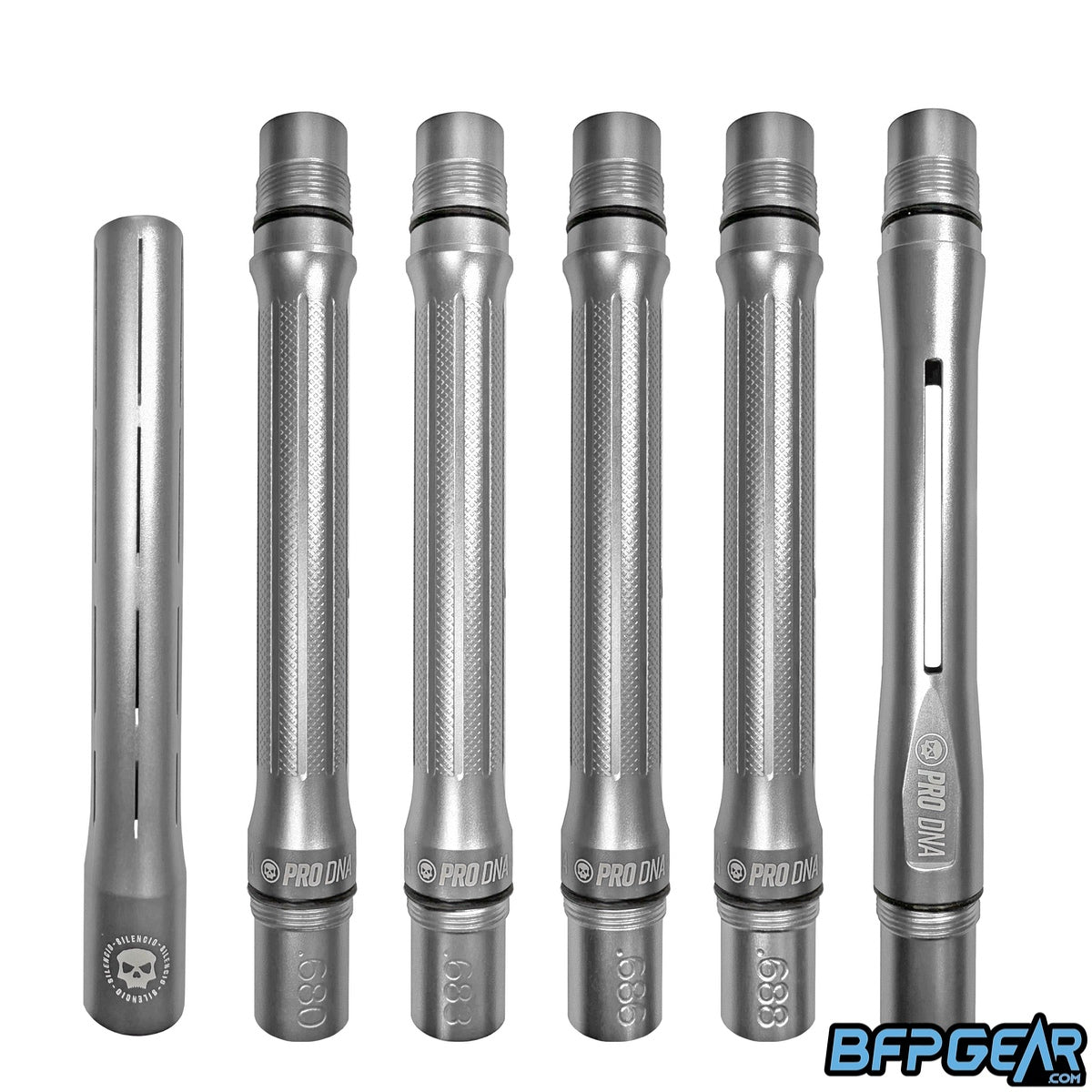 Dust Silver PRO DNA Silencio Full Barrel Kit showing barrel backs with sizing and tip.