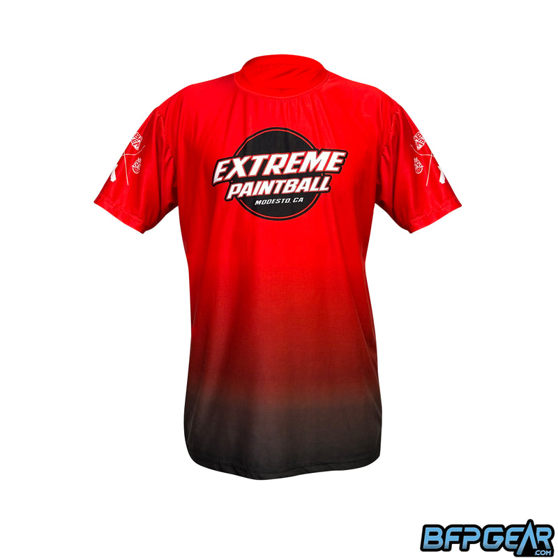 The Extreme Paintball Stretchy Soft t shirt. Red to black fade with the Extreme Paintball logo on the front.