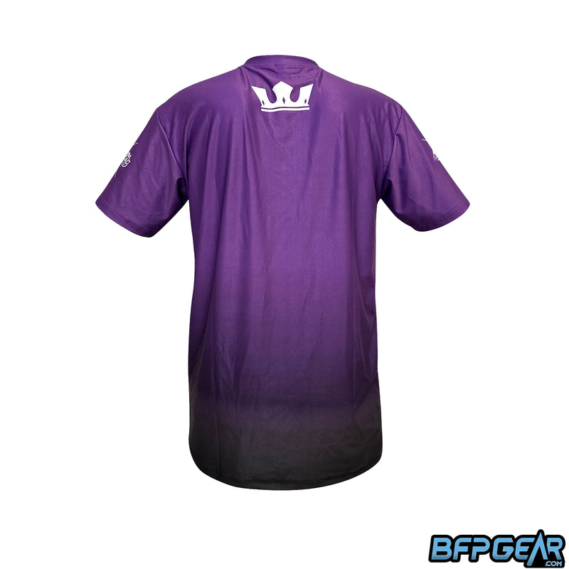 The back of the Sac Paintball Stretchy Soft t shirt. Purple to black fade with a white crown at the nape of the neck.