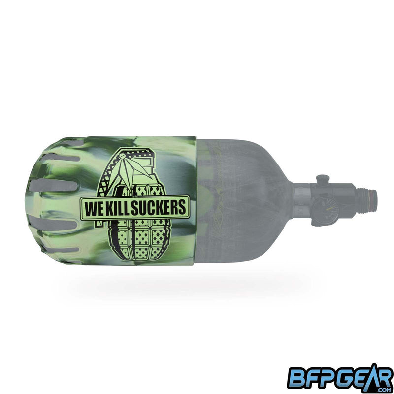 Knuckle Butt tank cover in WKS Camo. Light green and dark green swirl with a green grenade that reads We Kill Suckers in black text.