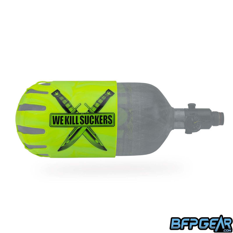Knuckle Butt tank cover in WKS Knife Lime. Bright green with two black knives in an X. Over the knives is black text that reads We Kill Suckers