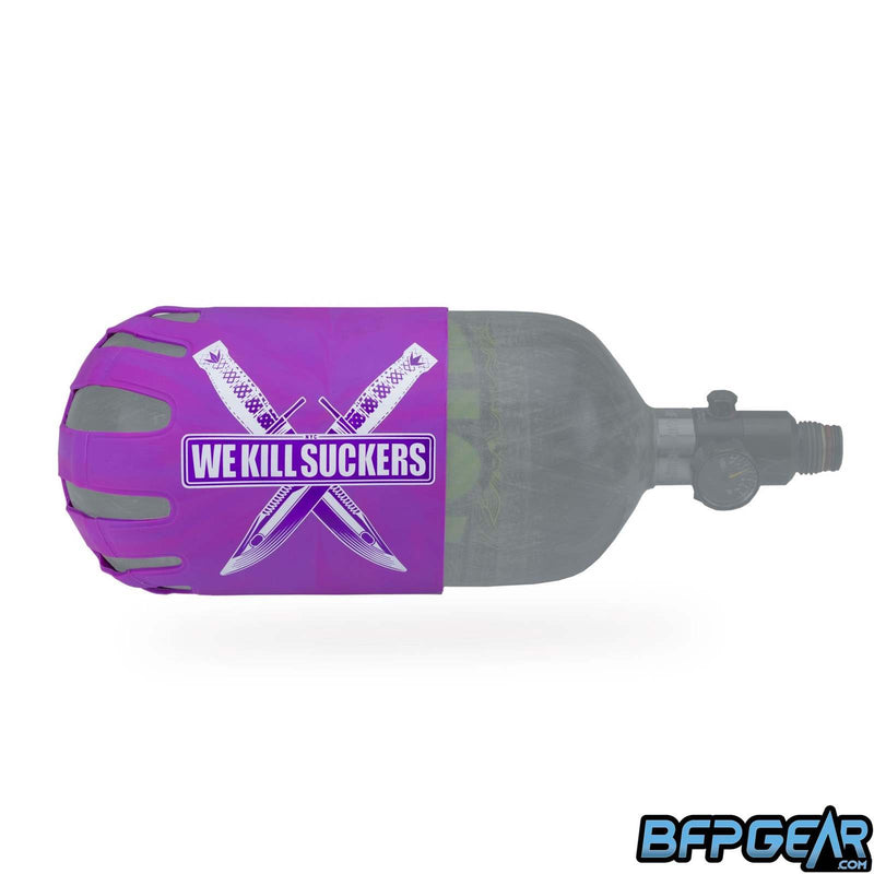 Knuckle Butt tank cover in WKS Knife Purple. All purple tank cover with two white knives in an X. We Kill Suckers is in white text over the knives