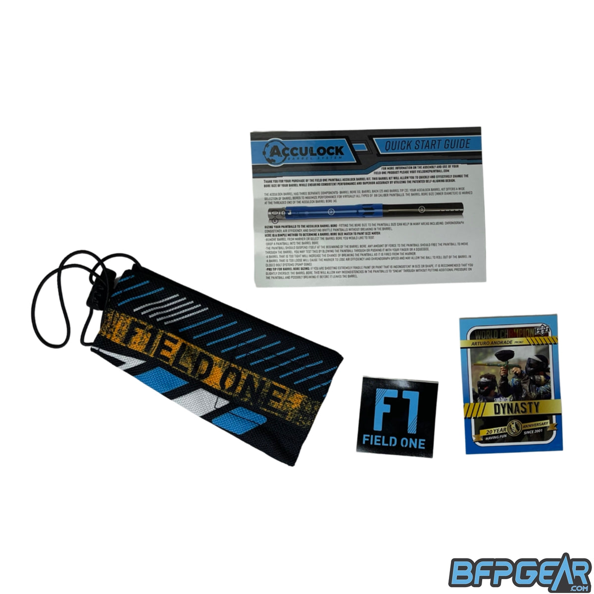 Inside of the full barrel kit are a handful of items. An instruction card, Field One barrel cover, Field One sticker, and a Dynasty player trading card are all included with the XSV Acculock kits.