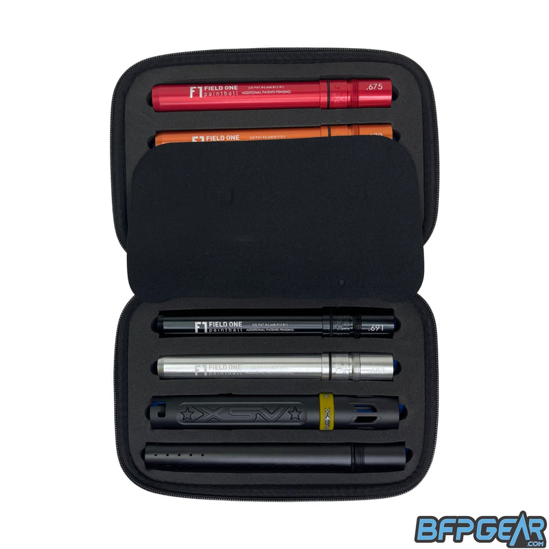A picture of the XSV Acculock barrel in the protective case. A middle flap covers four of the inserts, and displayed are two inserts, dust black XSV barrel back, and a dust black barrel tip.