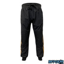 Front view of the XSV 22 joggers. Elastic waist with a drawstring, and elastic cuffs for the ankles at the bottom of the joggers.