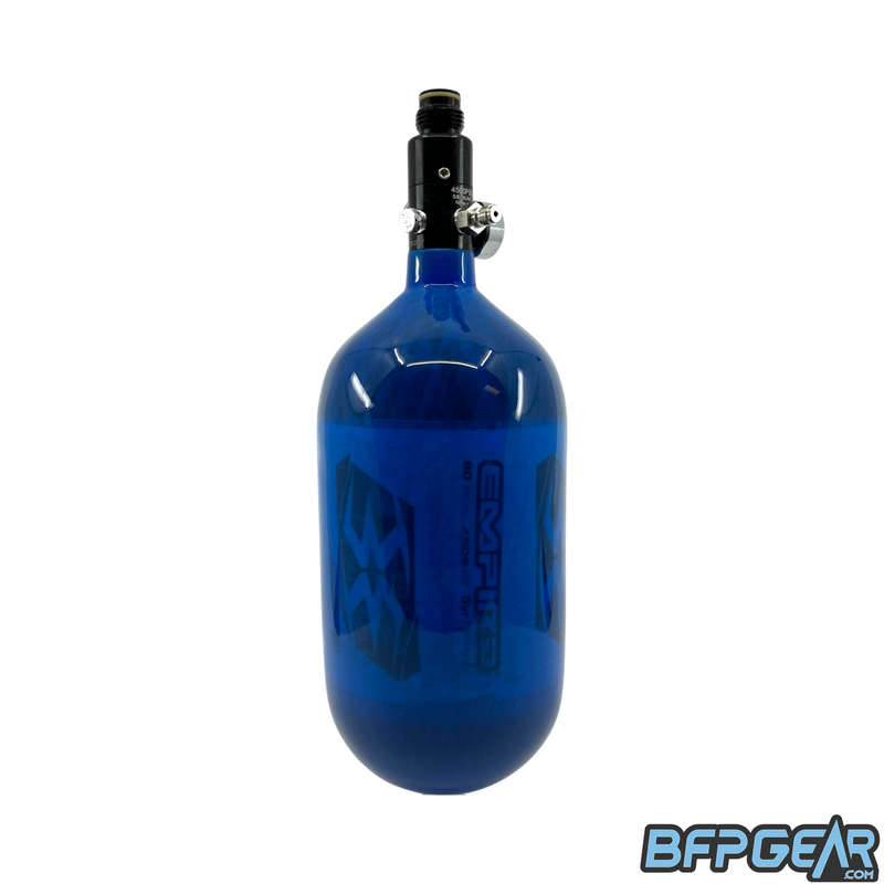 A photo showing the Empire Mega Lite air tank in a translucent blue color with a basic regulator installed.